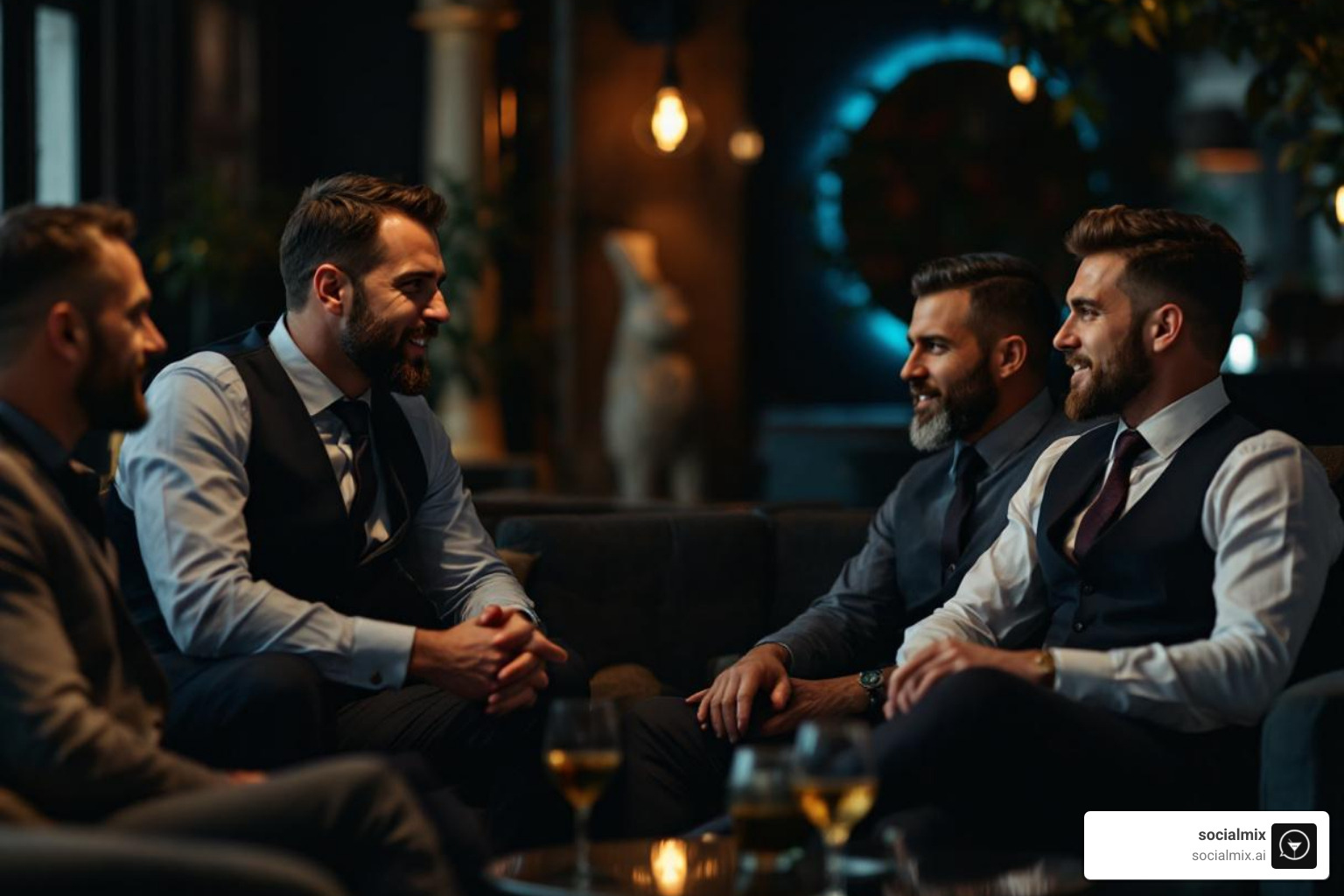 group of well-dressed men enjoying a conversation in a sophisticated lounge setting - Night out clothing men group of well-dressed men enjoying a conversation in a sophisticated lounge setting - Night out clothing men