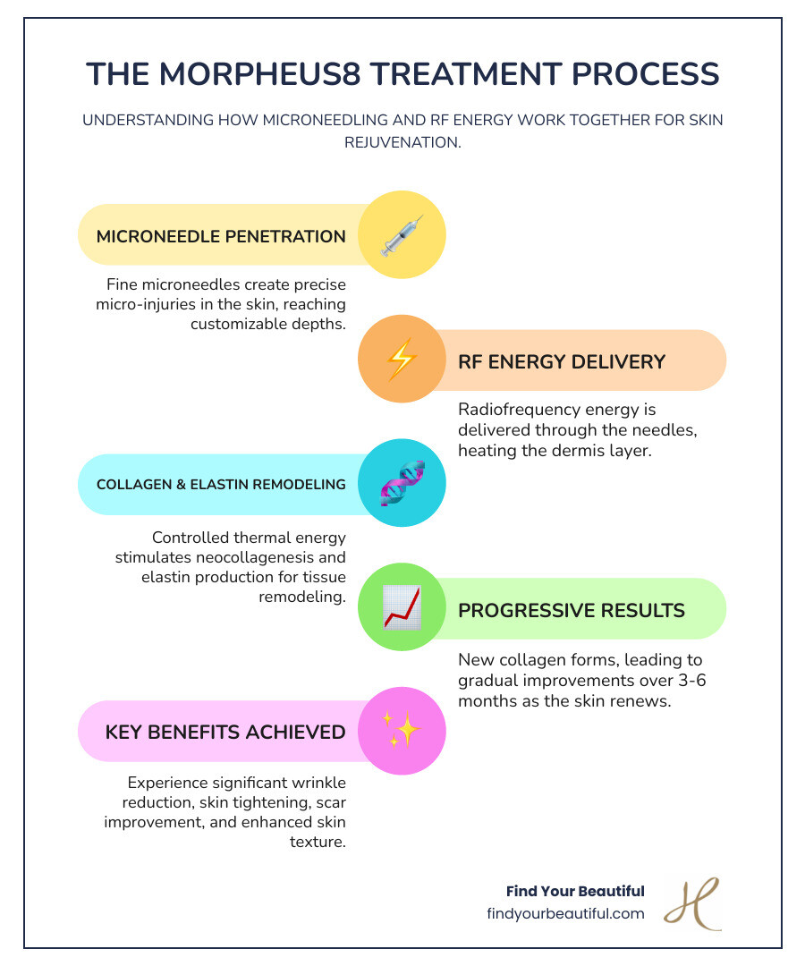 Infographic showing the Morpheus8 treatment process: Step 1 - Microneedles penetrate the skin at customizable depths; Step 2 - Radiofrequency energy is delivered through the needles to heat the dermis layer; Step 3 - Controlled thermal energy stimulates collagen production and tissue remodeling; Step 4 - Results develop over 3-6 months as new collagen forms; Key benefits include wrinkle reduction, skin tightening, scar improvement, and texture enhancement - morpheus8 practitioner training infographic infographic-line-5-steps-colors