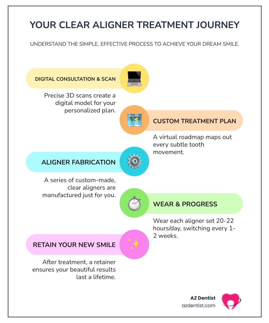 Infographic showing the clear aligner treatment process: Step 1 - Digital scan of teeth creates 3D model; Step 2 - Custom treatment plan maps tooth movement; Step 3 - Series of aligners manufactured specifically for you; Step 4 - Wear each aligner 20-22 hours daily for 1-2 weeks; Step 5 - Teeth gradually shift into desired position; Step 6 - Final retainer maintains your new smile - Clear aligners Scottsdale infographic infographic-line-5-steps-colors