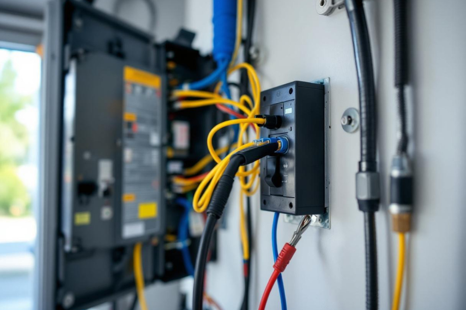 Image of an electrician working on a new circuit for an EV charger in a modern garage setting - EV charger installation company Image of an electrician working on a new circuit for an EV charger in a modern garage setting - EV charger installation company