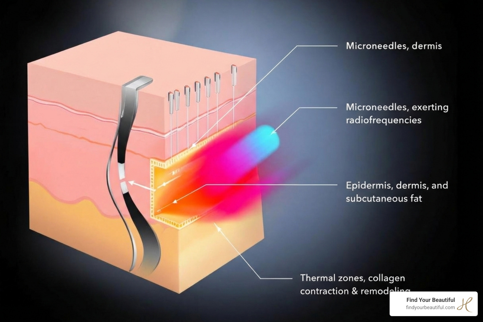 Diagram showing skin layers and how Morpheus8 needles deliver RF energy - morpheus8 practitioner training
