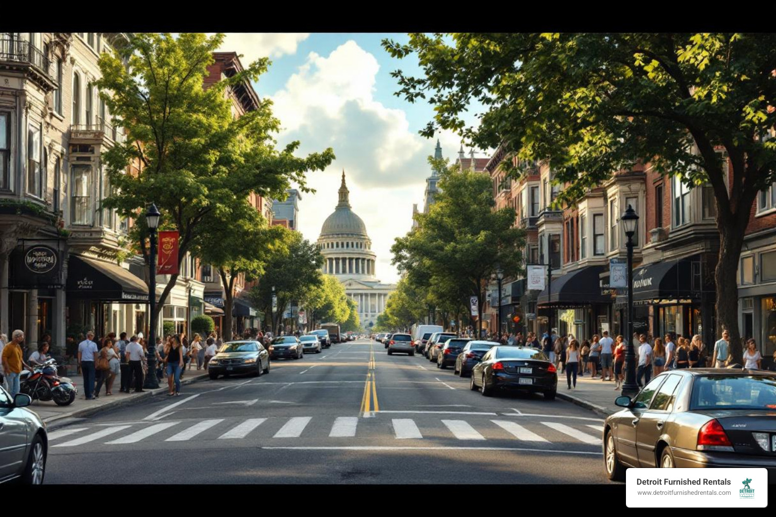 busy street in a distinct downtown neighborhood like Capitol Park - downtown Detroit apartments