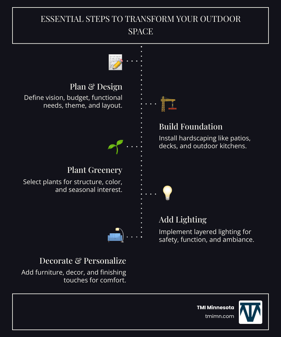 infographic showing the 5 key steps to transform outdoor space: Plan your vision and budget, Build hardscape foundations like patios and decks, Plant strategically for year-round beauty, Light for ambiance and safety, and Decorate to personalize your space - transform outdoor space infographic infographic-line-5-steps-dark