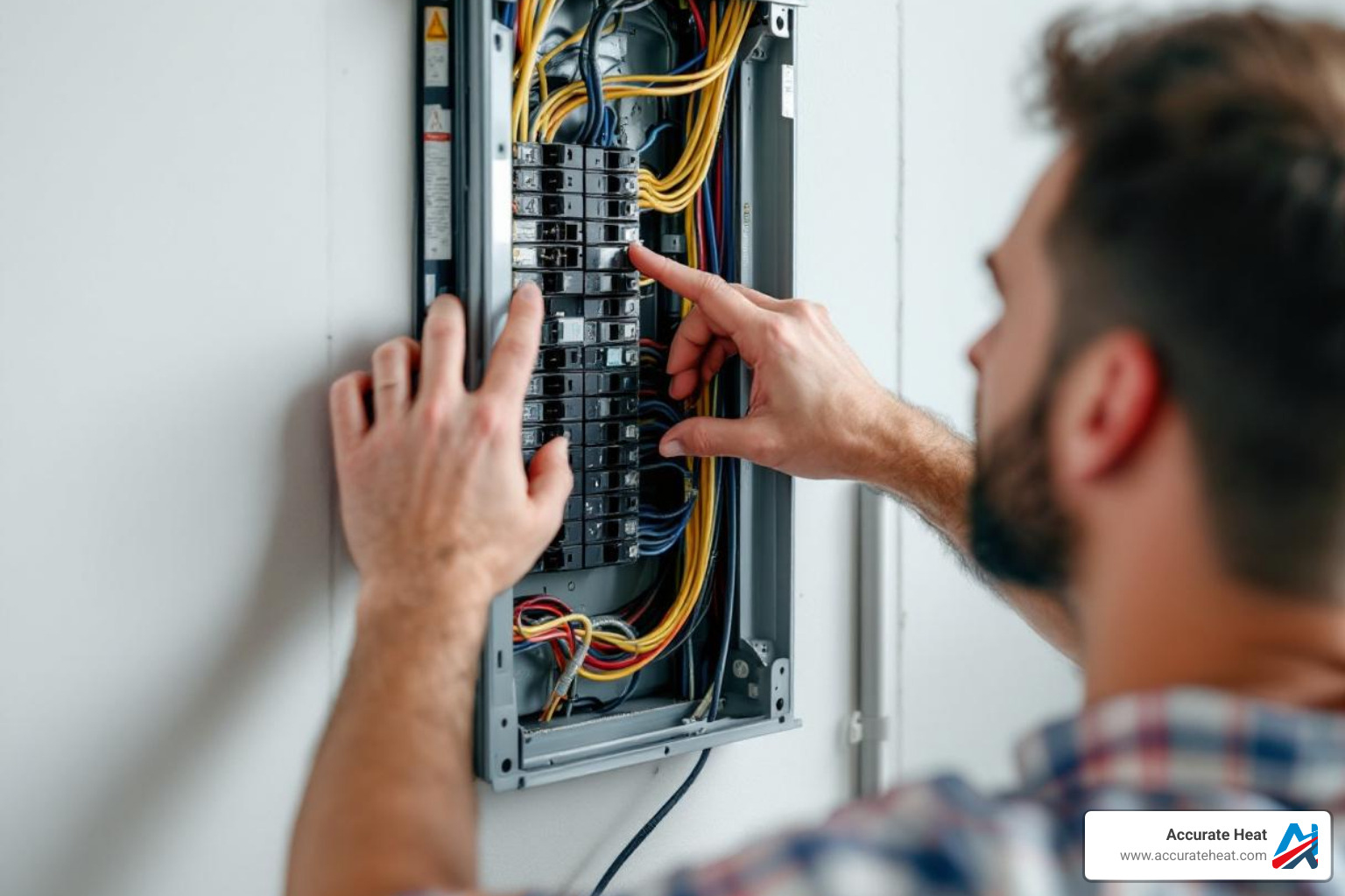 person checking a circuit breaker panel - Heating system diagnostic