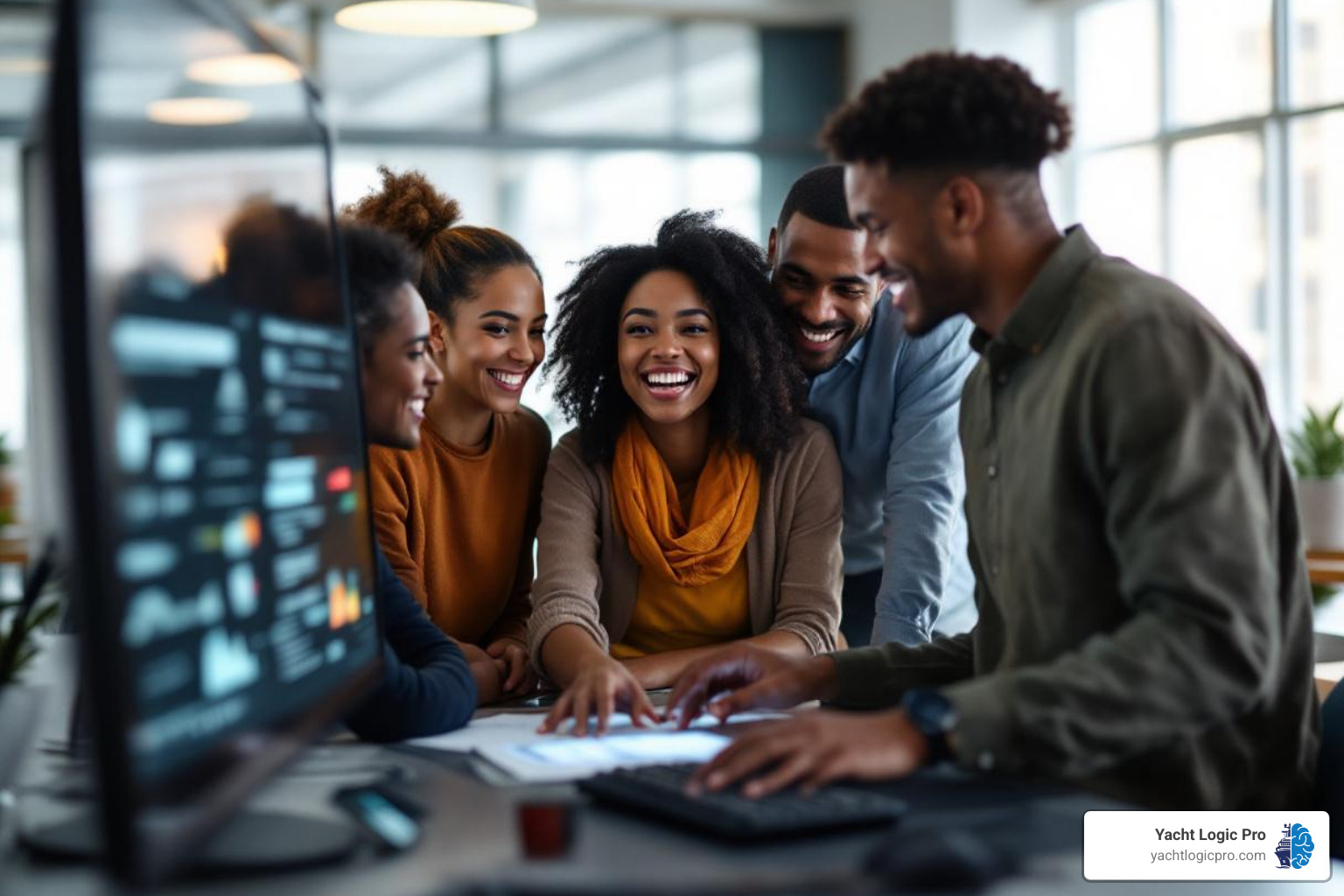 happy, collaborative employees looking at a screen, freed from manual tasks - Automated data entry happy, collaborative employees looking at a screen, freed from manual tasks - Automated data entry