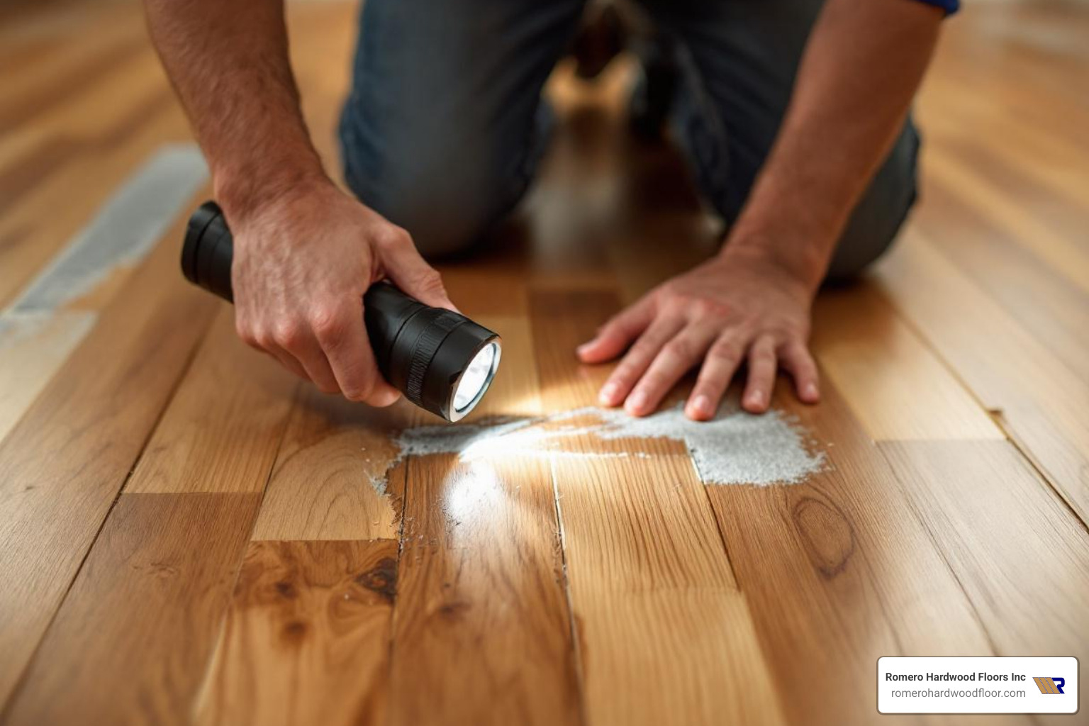 person inspecting hardwood floor with flashlight - damaged hardwood repair