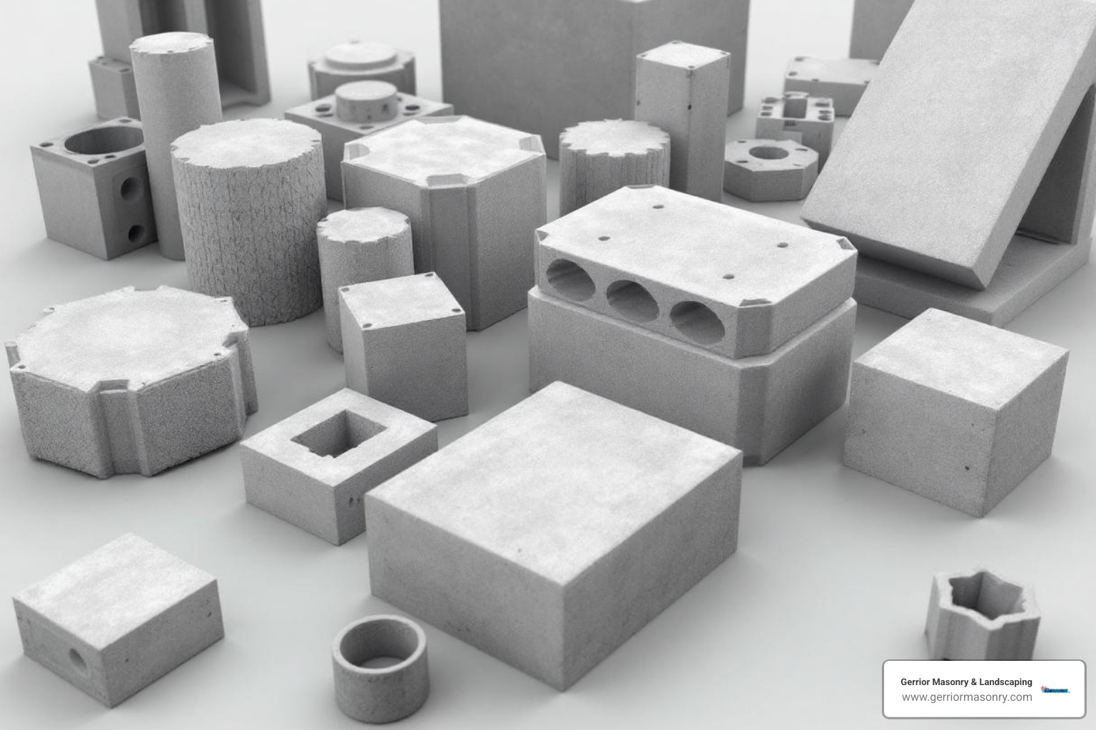 Various concrete block molds, showing different shapes and sizes for specialized block production. - concrete blocks