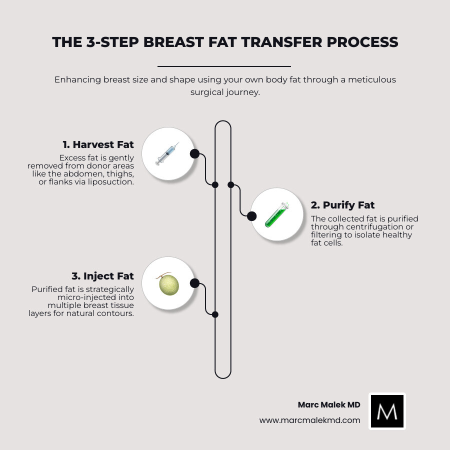 Infographic showing the three-step breast fat transfer process: Step 1 shows liposuction removing fat from donor areas like abdomen and thighs, Step 2 depicts fat being purified through centrifugation or filtering to remove impurities, and Step 3 illustrates strategic injection of purified fat into multiple breast tissue layers for natural augmentation - breast fat transfer infographic infographic-line-3-steps-elegant_beige Infographic showing the three-step breast fat transfer process: Step 1 shows liposuction removing fat from donor areas like abdomen and thighs, Step 2 depicts fat being purified through centrifugation or filtering to remove impurities, and Step 3 illustrates strategic injection of purified fat into multiple breast tissue layers for natural augmentation - breast fat transfer infographic infographic-line-3-steps-elegant_beige