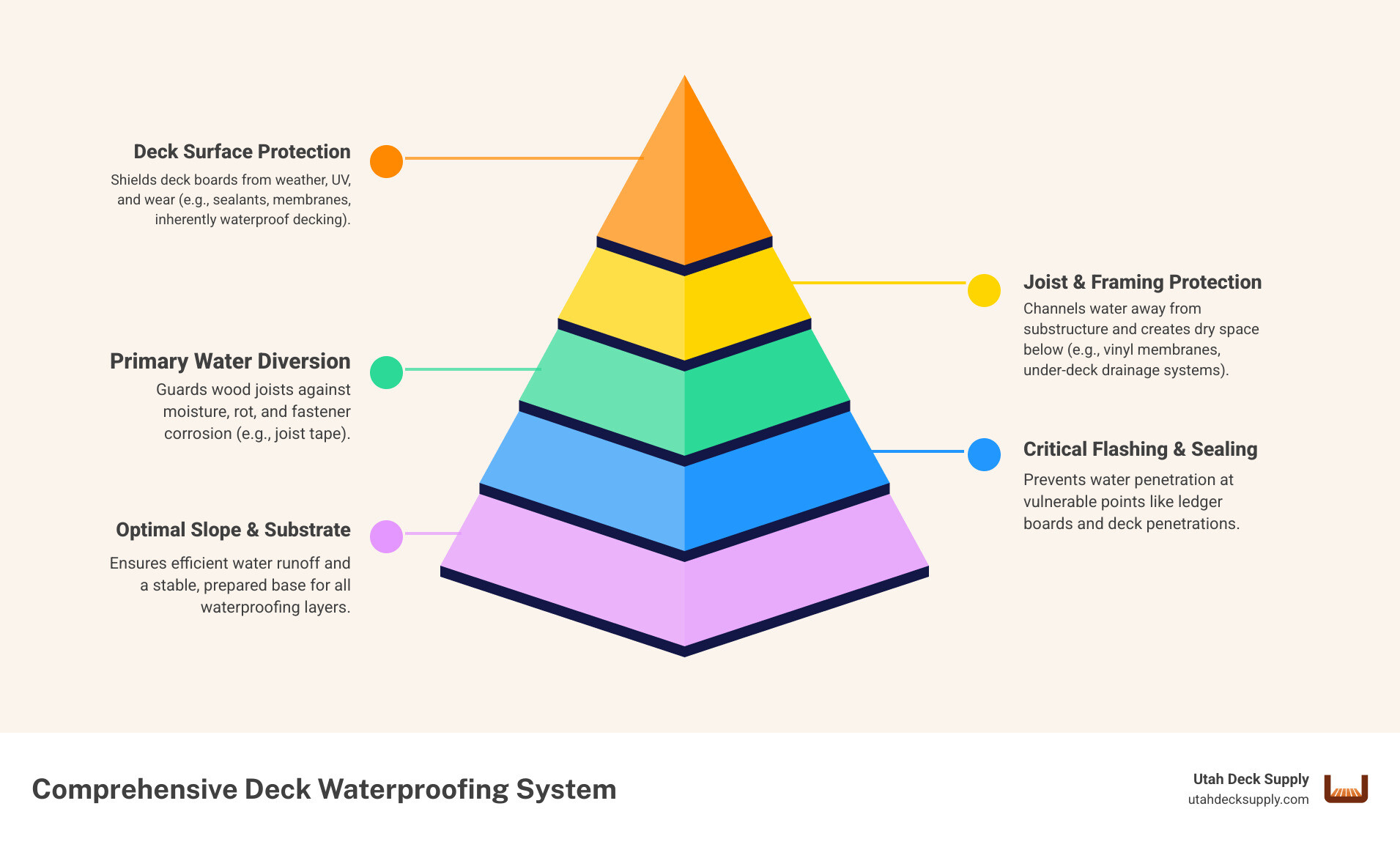 Infographic showing layers of a properly waterproofed deck system: deck boards on top, joist tape protecting framing, membrane or drainage system underneath, with arrows showing water being directed away from the structure and notes on key protection points like ledger board flashing and proper slope - Deck waterproofing materials infographic pyramid-hierarchy-5-steps
