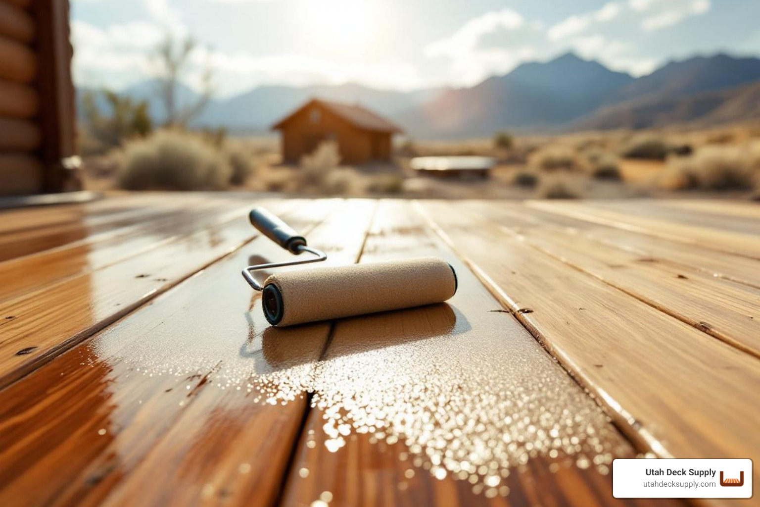 Someone applying a clear sealant to a pressure-treated wood deck in a rural Utah setting - Deck waterproofing materials