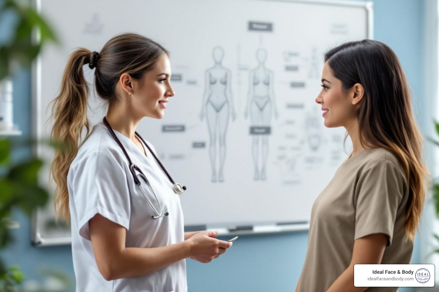 A surgeon consulting with a patient, discussing options and showing diagrams - Mommy makeover Beverly Hills A surgeon consulting with a patient, discussing options and showing diagrams - Mommy makeover Beverly Hills