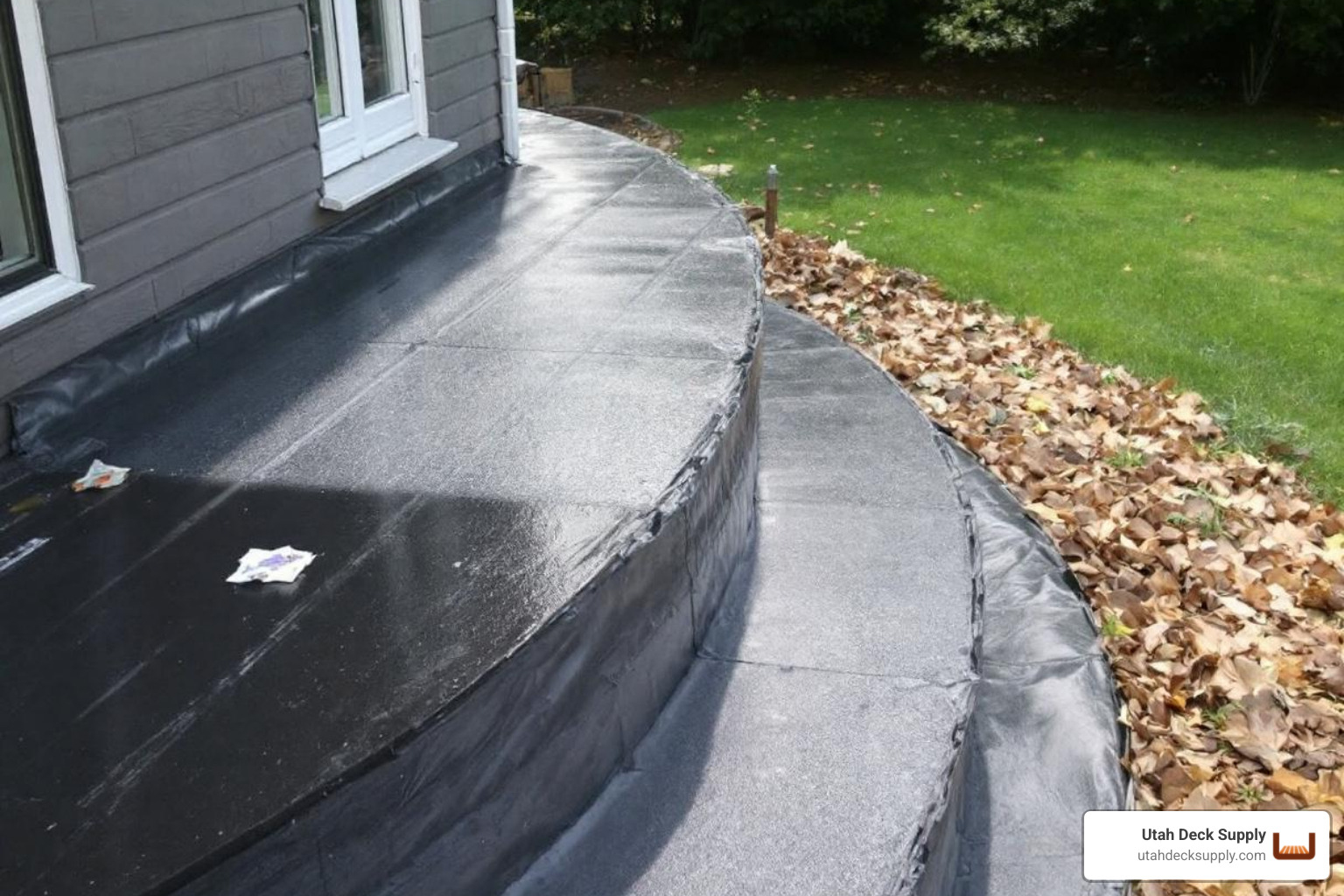 A professional installer carefully welding seams of a vinyl membrane on a deck overlooking a Utah canyon at sunset - Deck waterproofing materials