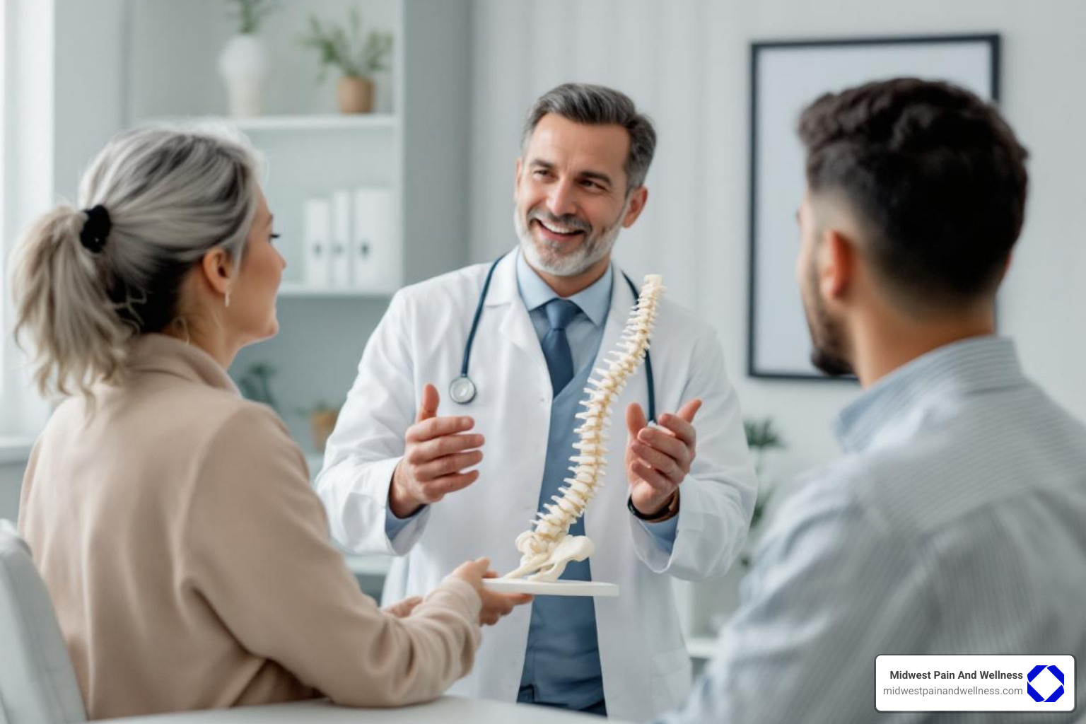 doctor explaining a spinal model to a patient - non-surgical treatment for sciatica chicago
