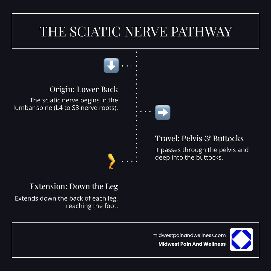 infographic showing sciatic nerve path from lower spine through buttocks down back of leg with common pain points marked - non-surgical treatment for sciatica chicago infographic infographic-line-3-steps-dark