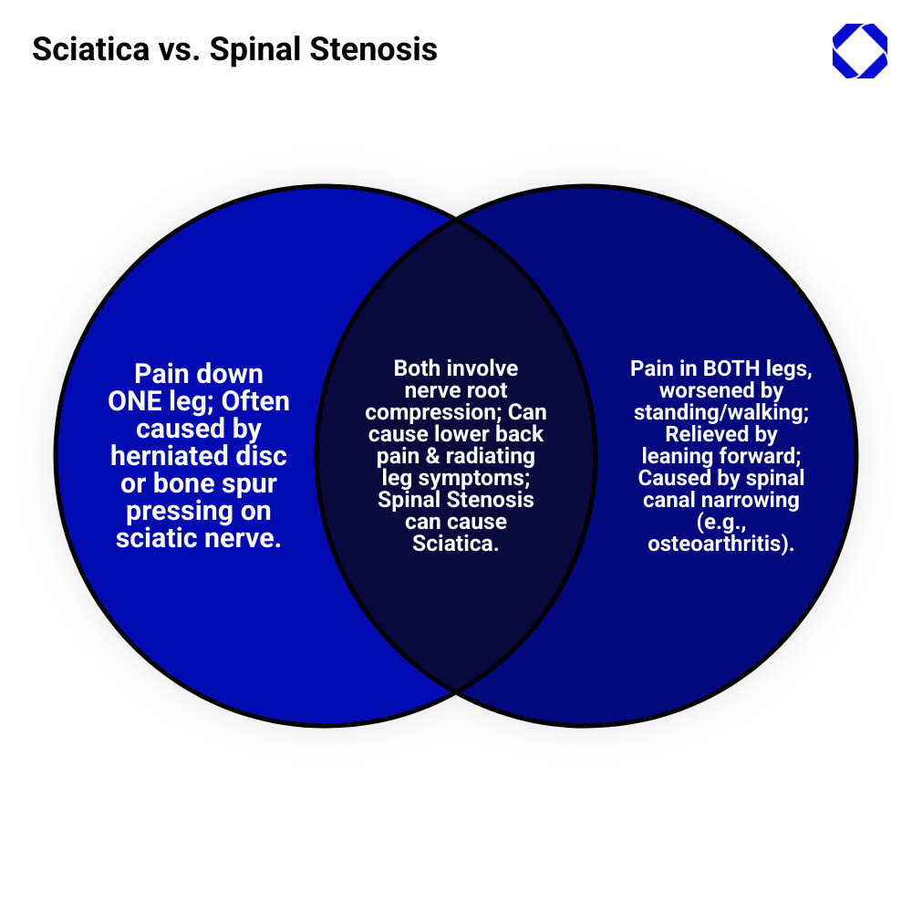Detailed infographic comparing three spine conditions side by side: a healthy spine with normal spinal canal and nerve roots, a spine with a herniated disc bulging and compressing the sciatic nerve on one side, and a spine showing narrowed spinal canal from stenosis with bilateral nerve compression - back pain / sciatica / spinal stenosis infographic venn_diagram