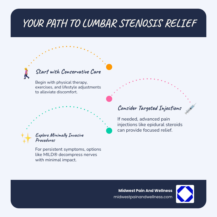 Infographic showing the lumbar spinal canal narrowing process: normal spine with open canal, stenotic spine with narrowed canal compressing nerve roots, symptoms including leg pain and numbness, and treatment progression from conservative care through injections to minimally invasive procedures - lumbar stenosis treatment chicago infographic infographic-line-3-steps-blues-accent_colors