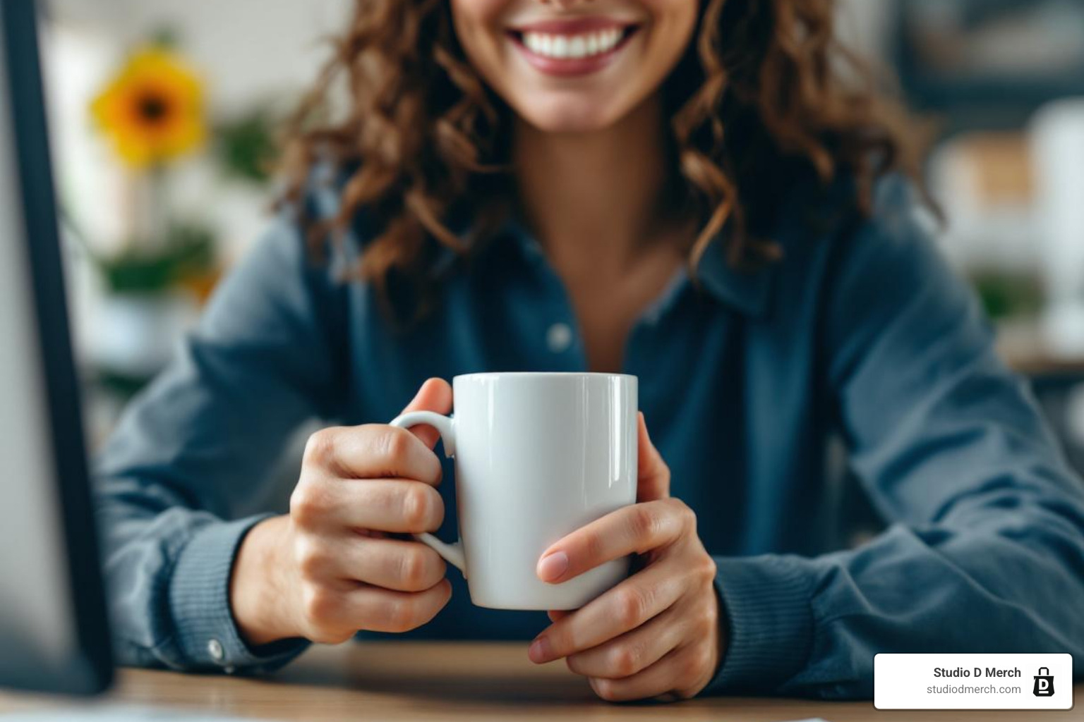 A person happily using a branded coffee mug at their desk, illustrating the daily use and subtle brand reinforcement of custom merch products - custom merch products