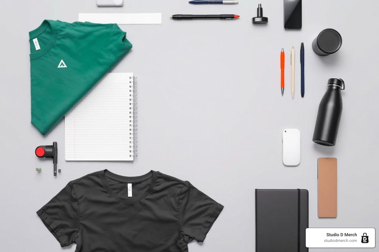 A flat lay showcasing different product categories like apparel, drinkware, and office supplies, highlighting the diverse range of custom merch products available - custom merch products