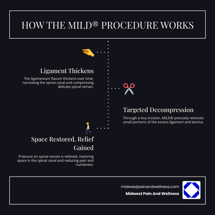 infographic showing how lumbar spinal stenosis narrows the spinal canal and compresses nerves, with the ligamentum flavum thickening and reducing space for nerve roots - mild procedure chicago ridge for lumbar stenosis infographic infographic-line-3-steps-dark