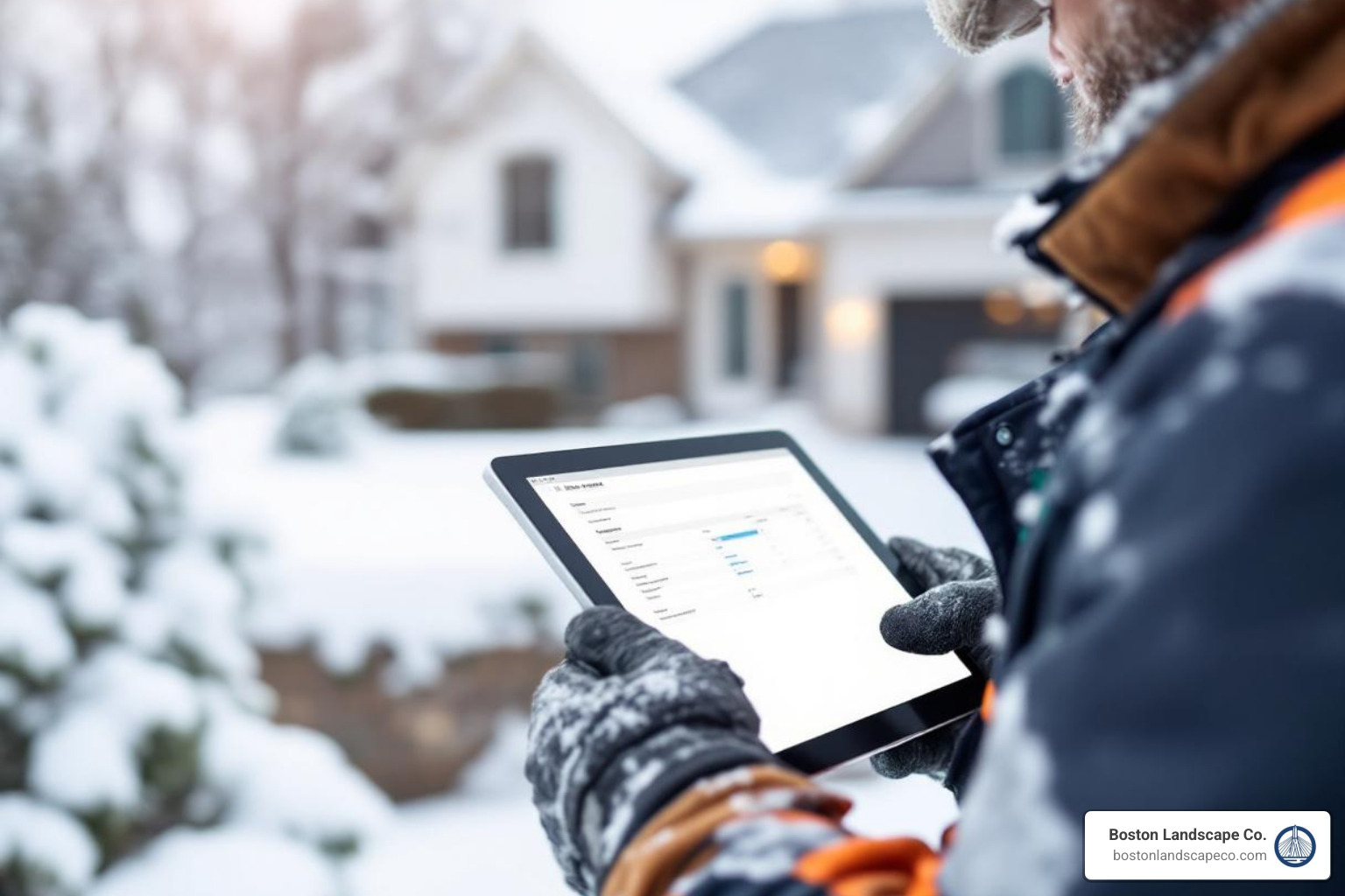 A contractor using a tablet to create a snow removal estimate on-site, showcasing modern business management tools - snow removal pricing formula