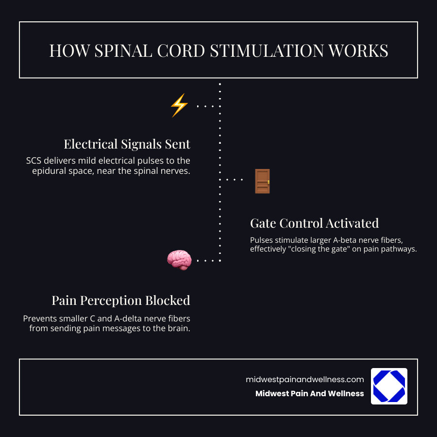 Infographic showing how spinal cord stimulation works: electrical signals from the device travel through leads placed in the epidural space near the spinal cord, where they interrupt pain signals traveling through smaller C and A-delta nerve fibers by stimulating larger A-beta nerve fibers, preventing pain messages from reaching the brain—illustrated with a simple diagram of the spine, device placement, and nerve pathways with arrows showing signal direction - spinal cord stimulator infographic infographic-line-3-steps-dark