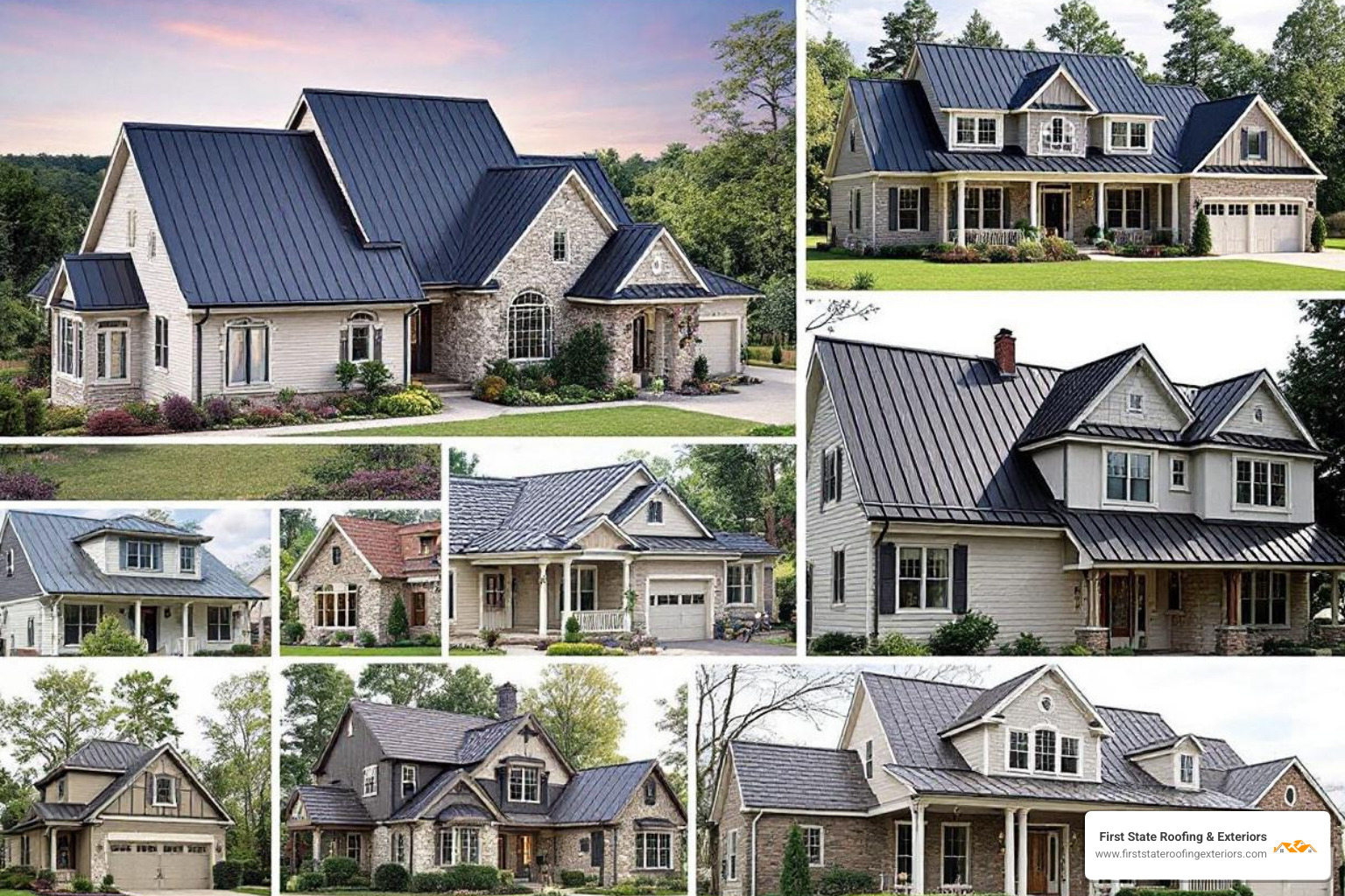 Collage showcasing different metal roof styles like standing seam, metal shingles, and stone-coated steel. - metal roof installers near me
