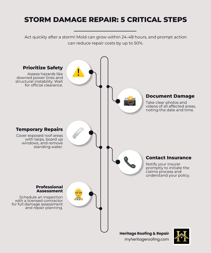 Storm damage repair process infographic showing 5 critical steps: 1. Safety assessment and hazard identification, 2. Complete damage documentation with photos and notes, 3. Temporary repairs including tarping and water removal, 4. Insurance notification and claims filing, 5. Professional inspection and permanent repair planning. Timeline shows mold can develop within 24-48 hours and acting quickly can reduce repair costs by up to 50%. - storm damage repair infographic infographic-line-5-steps-elegant_beige Storm damage repair process infographic showing 5 critical steps: 1. Safety assessment and hazard identification, 2. Complete damage documentation with photos and notes, 3. Temporary repairs including tarping and water removal, 4. Insurance notification and claims filing, 5. Professional inspection and permanent repair planning. Timeline shows mold can develop within 24-48 hours and acting quickly can reduce repair costs by up to 50%. - storm damage repair infographic infographic-line-5-steps-elegant_beige