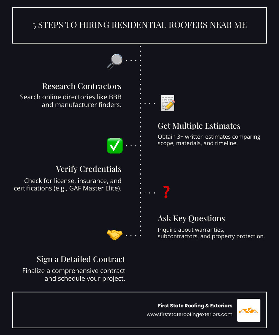Infographic showing the 5-step process for hiring residential roofers near me: Step 1 - Research local contractors through BBB and manufacturer directories; Step 2 - Get 3+ written estimates comparing scope, materials, and timeline; Step 3 - Check credentials including license, insurance, and certifications like GAF Master Elite; Step 4 - Ask key questions about warranties, subcontractors, and project protection; Step 5 - Sign a detailed contract and schedule your project - residential roofers near me infographic infographic-line-5-steps-dark