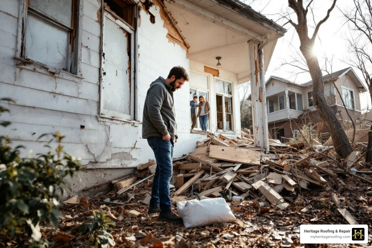 homeowner safely inspecting their property from the ground after a storm - storm damage repair homeowner safely inspecting their property from the ground after a storm - storm damage repair