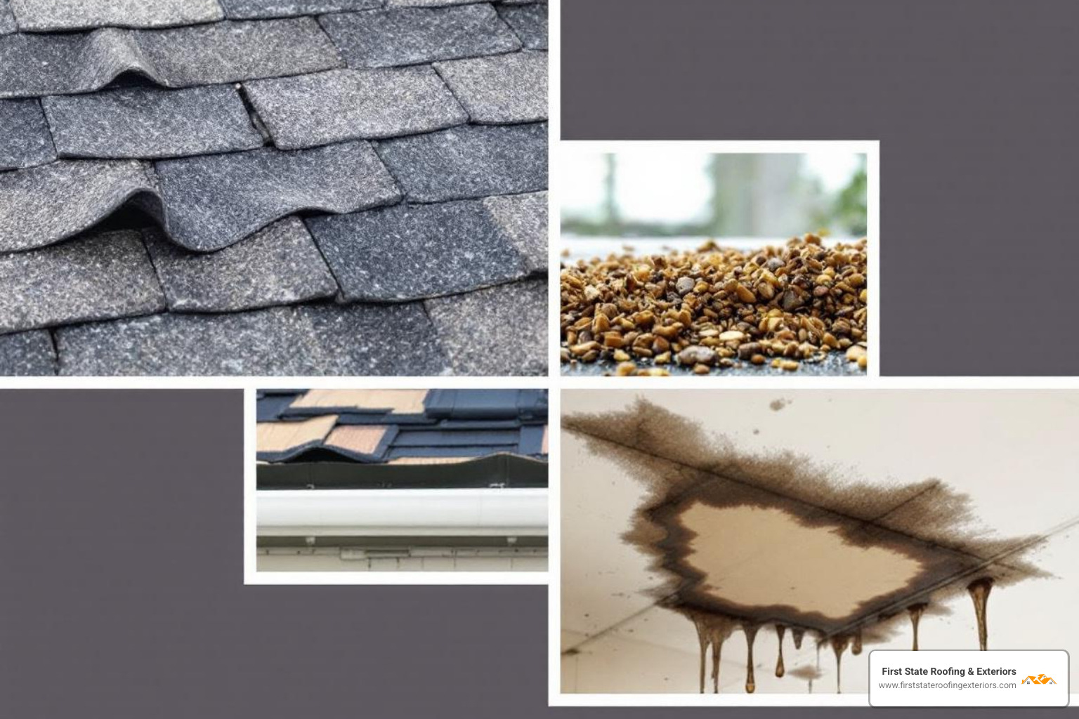 A collage showing common signs of a damaged roof, including curling asphalt shingles, granules accumulating in a gutter, and a water stain on a ceiling - residential roofers near me