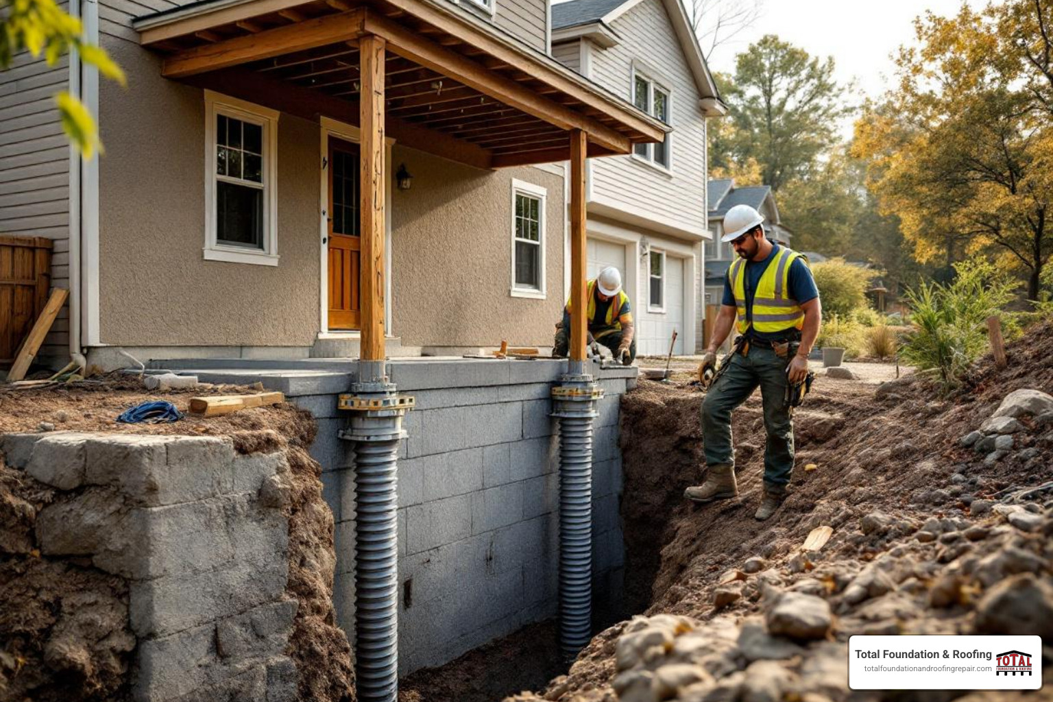 helical piers being installed alongside a foundation - foundation repair fredericksburg company