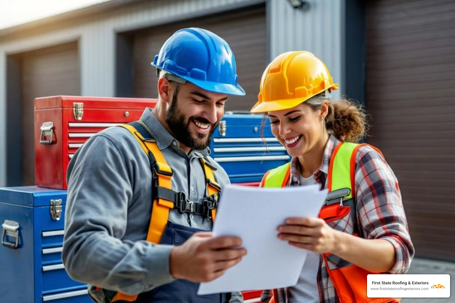 A homeowner reviews a written estimate with a friendly roofing contractor wearing a safety harness and hard hat - residential roofers near me