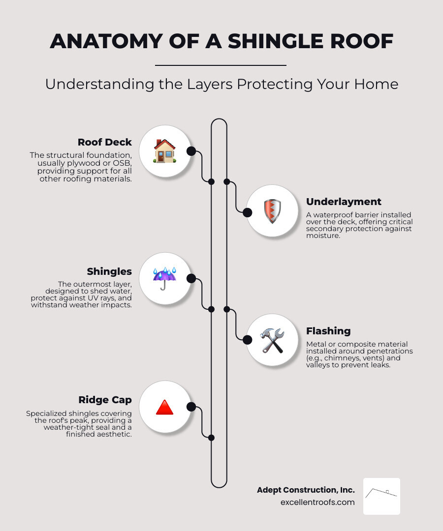 detailed infographic showing the anatomy of an asphalt shingle roof system including roof deck, underlayment or felt paper, ice and water shield, shingles with tabs and sealant strips, flashing around chimneys and vents, and ridge cap shingles, with labels indicating where common damage occurs and how each layer protects the home - fix roof shingles infographic infographic-line-5-steps-elegant_beige