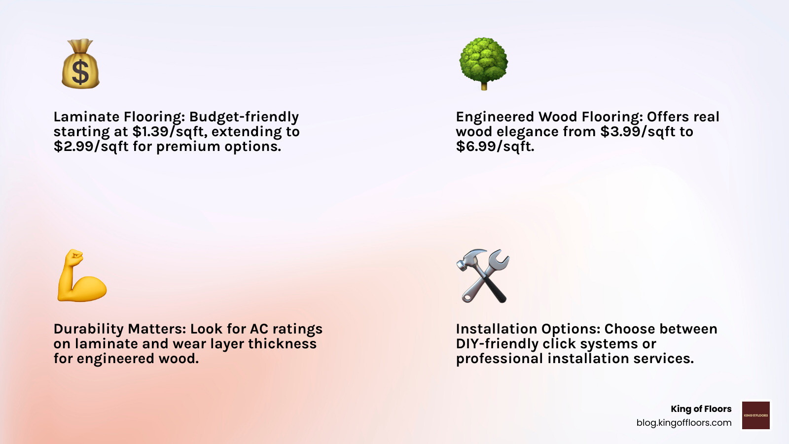 Infographic showing cost comparison between laminate flooring ($1.39-$2.99/sqft), engineered wood flooring ($3.99-$6.99/sqft), and key features like AC ratings, installation methods, and best room applications for discount flooring Surrey options - discount flooring Surrey infographic 4_facts_emoji_light-gradient