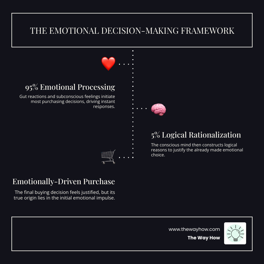 Infographic showing the emotional decision-making framework: 95% subconscious emotional processing leads to instant gut reactions, which are then rationalized by 5% conscious logical thinking, resulting in purchase decisions that feel justified but were emotionally driven - Emotional marketing tactics infographic infographic-line-3-steps-dark