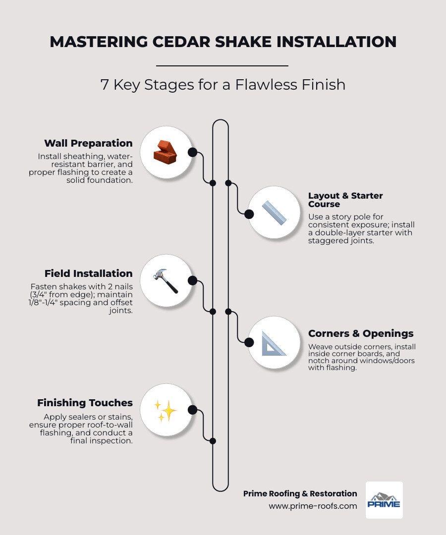 Cedar shake installation process infographic showing 7 key stages: Stage 1 Prep includes sheathing, house wrap, and flashing. Stage 2 Layout shows story pole use and exposure calculation. Stage 3 Starter Course displays double-layer installation with offset joints. Stage 4 Field Installation demonstrates proper fastener placement 3/4 inch from edges and 1 inch above butt line with 1/8 to 1/4 inch spacing. Stage 5 Corners illustrates weaving technique with alternating overlaps. Stage 6 Openings shows notching around windows and doors with flashing. Stage 7 Finishing depicts sealing, staining, and final inspection steps. - cedar shake installation infographic infographic-line-5-steps-elegant_beige