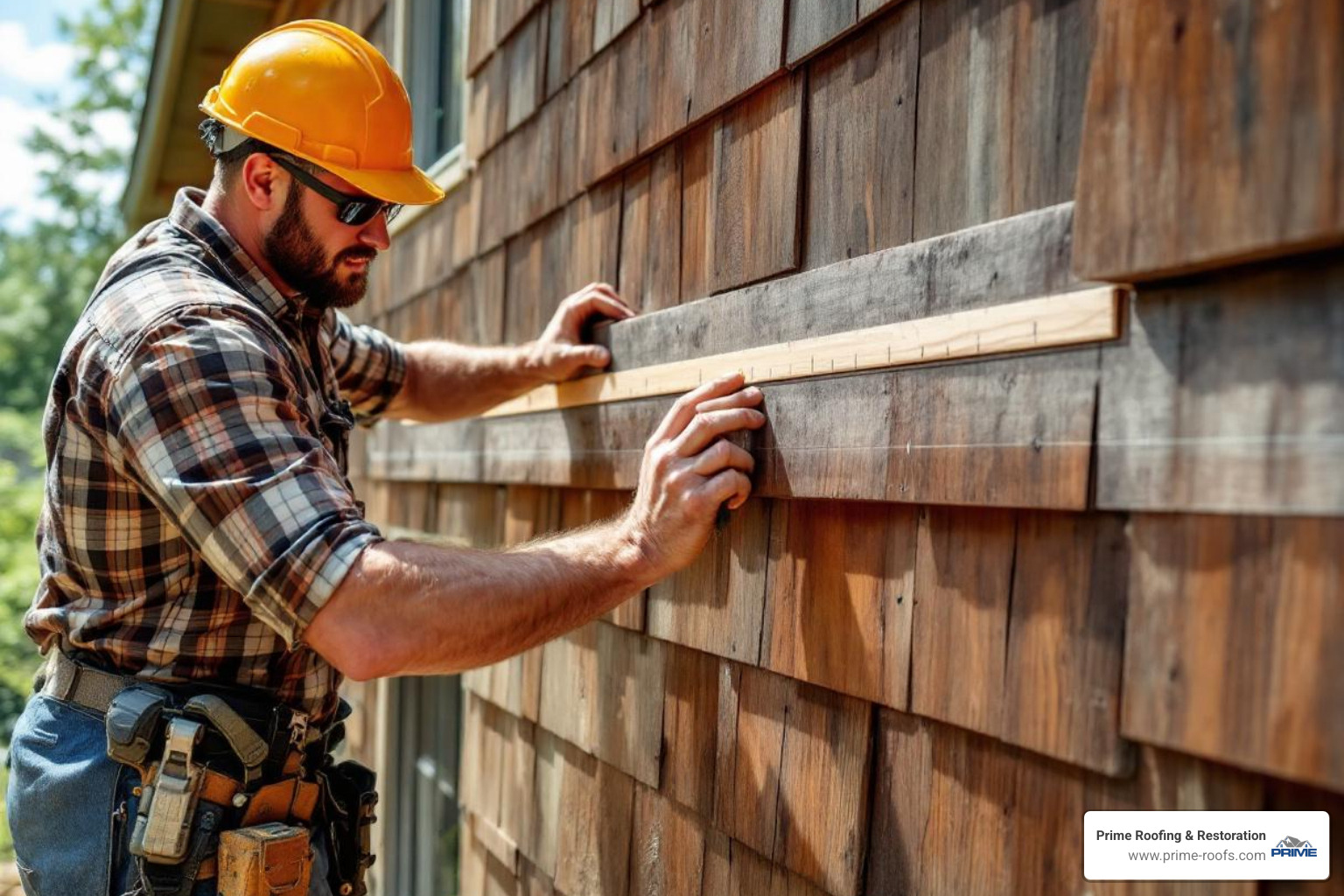A story pole being used to mark courses on a wall - cedar shake installation