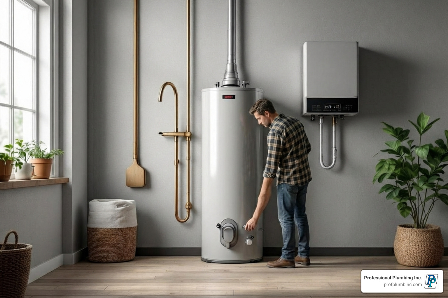 traditional tank heater next to a wall-mounted tankless heater - water heater repair Garden Grove traditional tank heater next to a wall-mounted tankless heater - water heater repair Garden Grove