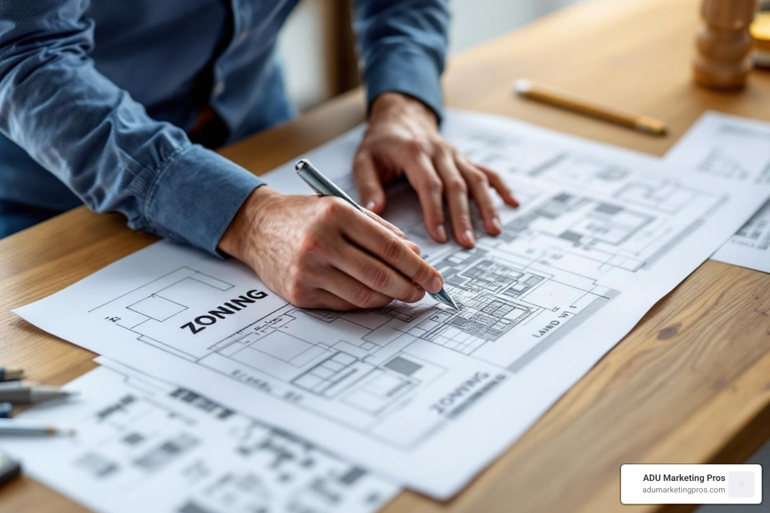 person reviewing architectural blueprints for a tiny house on a wooden table, with a zoning map visible in the background - tiny house hunting southern california