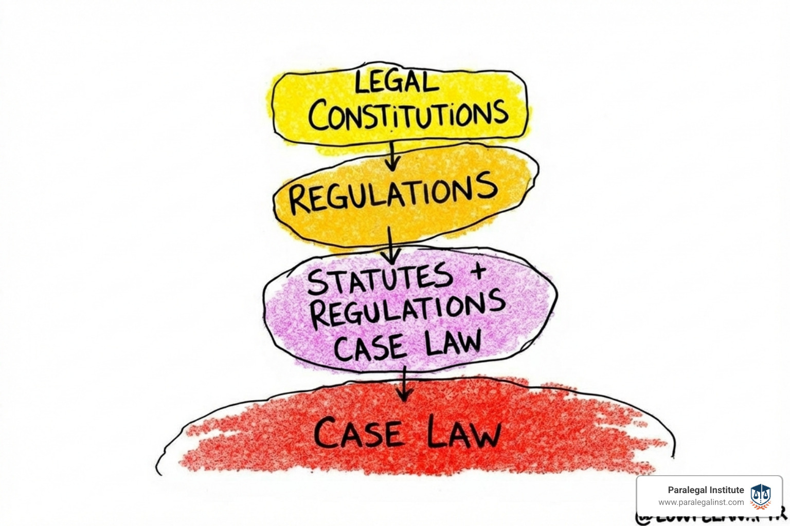 Flowchart illustrating the hierarchy of legal authority, from Constitutions down to case law - paralegal legal research