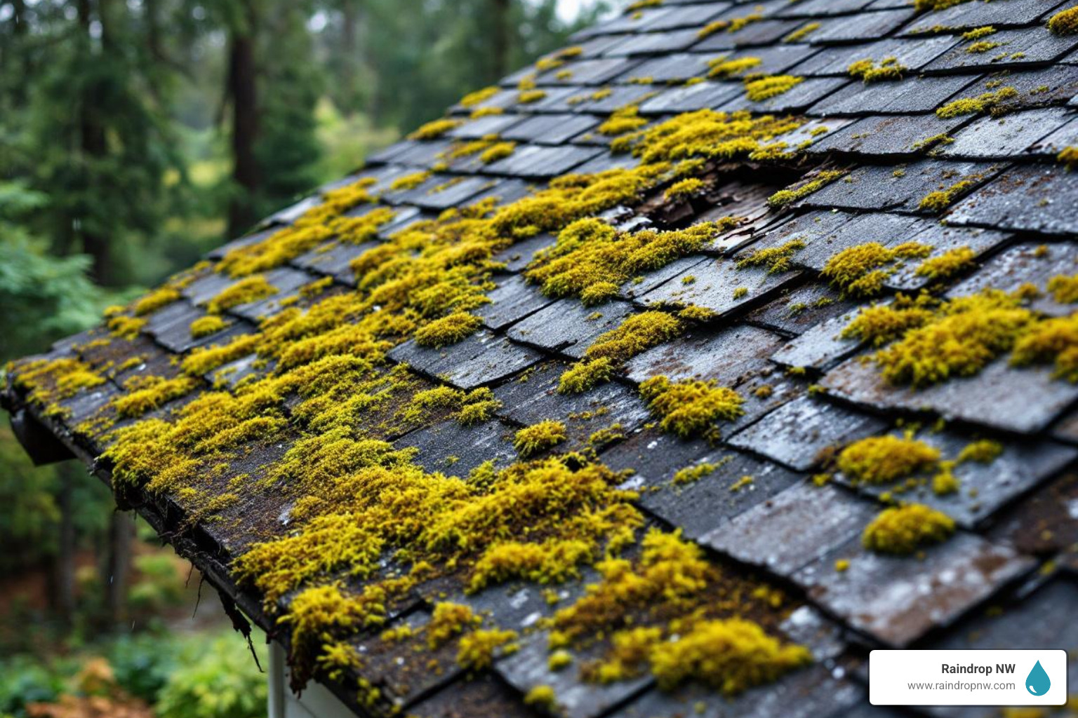 Infographic showing common roof damage signs in Beaverton including missing shingles, water stains on ceilings, moss growth, curled or cracked shingles, sagging roof areas, and algae discoloration with text explaining that Pacific Northwest climate causes these issues and early detection prevents costly repairs - roof repair near me in beaverton, or