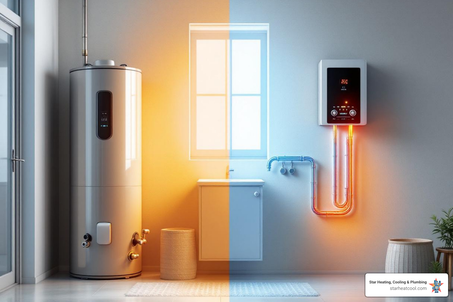 infographic explaining the difference between how a traditional tank heats and stores water vs how a tankless unit heats water on-demand - same day tankless water heater installation in fishers, in infographic explaining the difference between how a traditional tank heats and stores water vs how a tankless unit heats water on-demand - same day tankless water heater installation in fishers, in