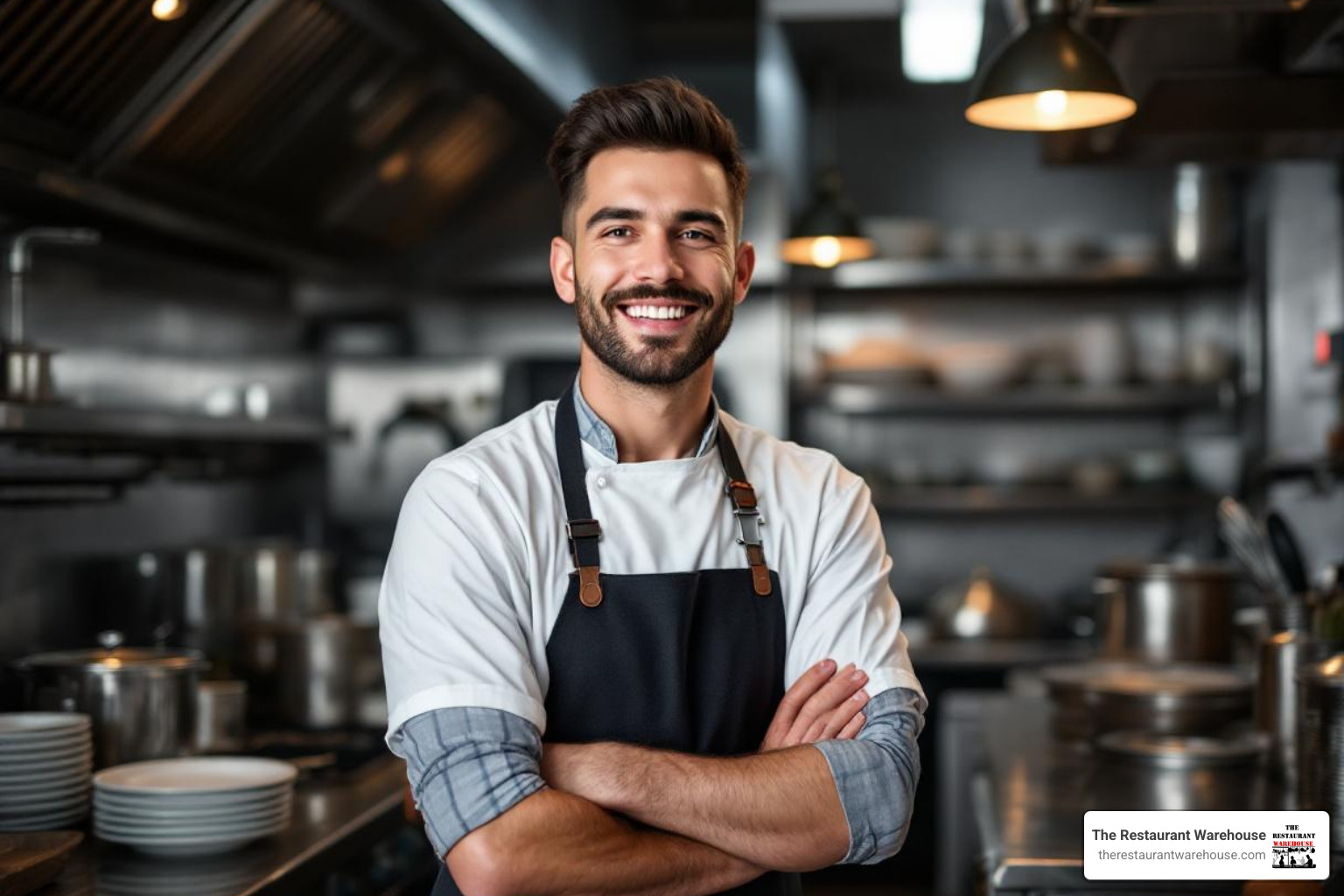 Happy Seattle restaurant owner in a newly equipped kitchen - seattle used restaurant equipment