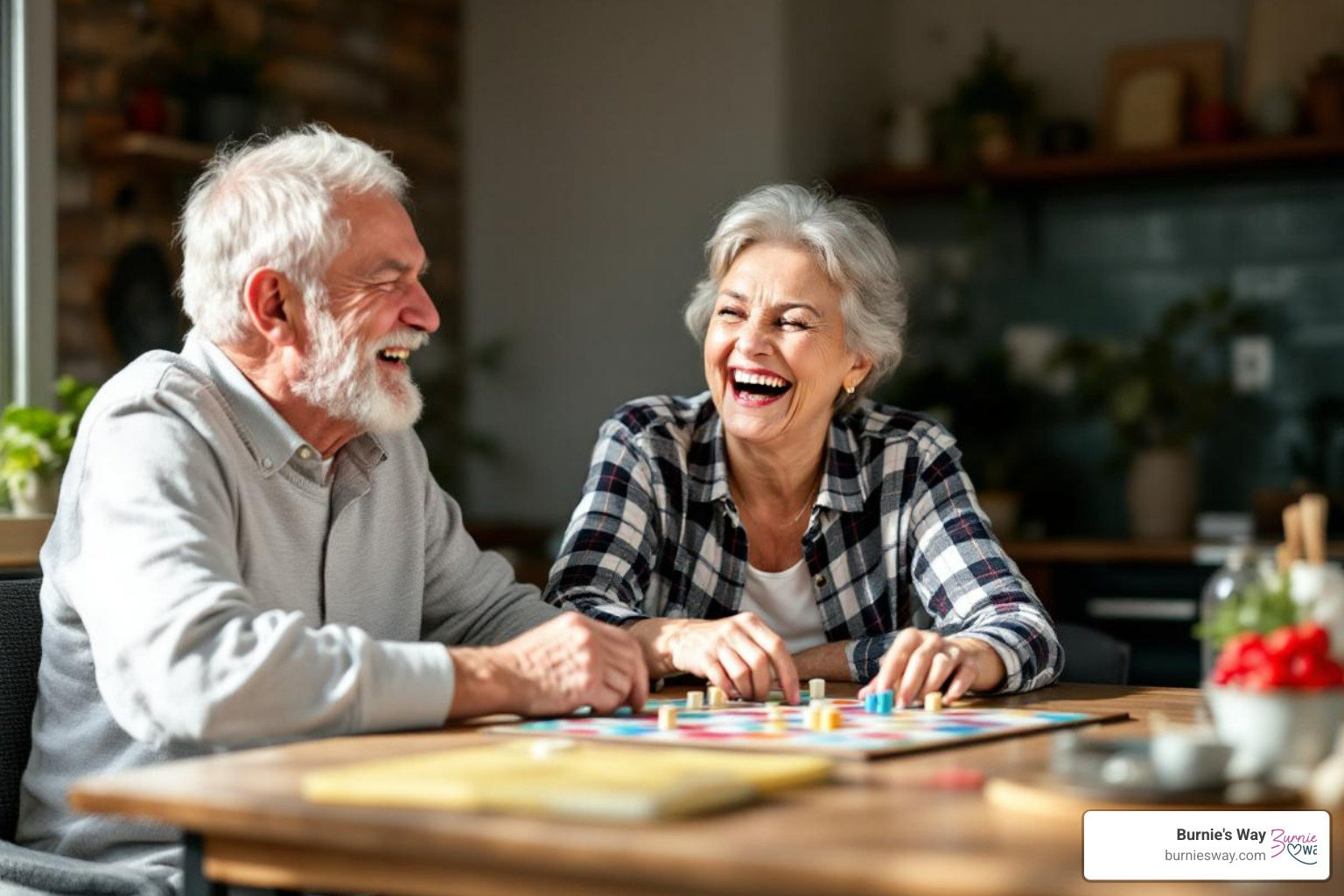 Two seniors laughing heartily while playing a board game, surrounded by bright natural light - holistic senior wellness Two seniors laughing heartily while playing a board game, surrounded by bright natural light - holistic senior wellness