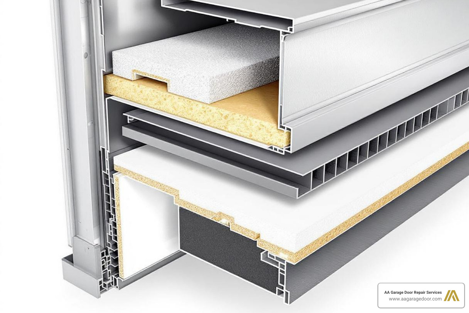 Cutaway view showing the layers of an insulated garage door panel - 8x7 insulated garage door with windows