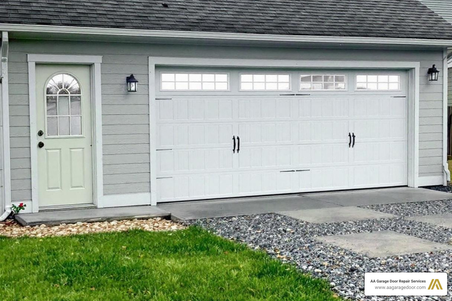 Collage of various window styles on 8x7 garage doors including Stockbridge, Cascade, long panel, and short panel designs - 8x7 insulated garage door with windows