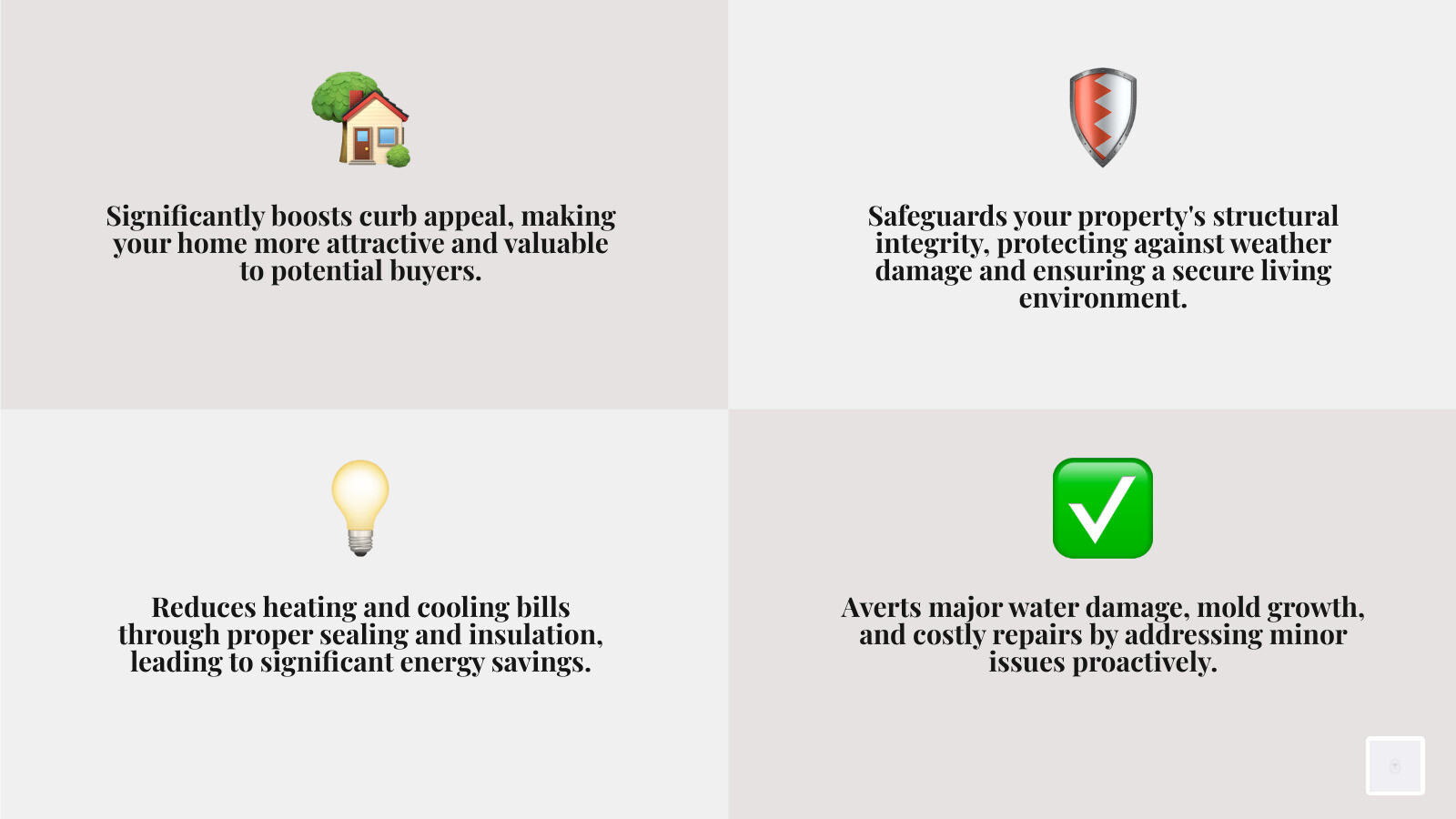 Infographic detailing the benefits of regular exterior home maintenance, including increased home value, improved safety, energy cost reduction, and long-term damage prevention - Home Exterior Maintenance infographic 4_facts_emoji_grey