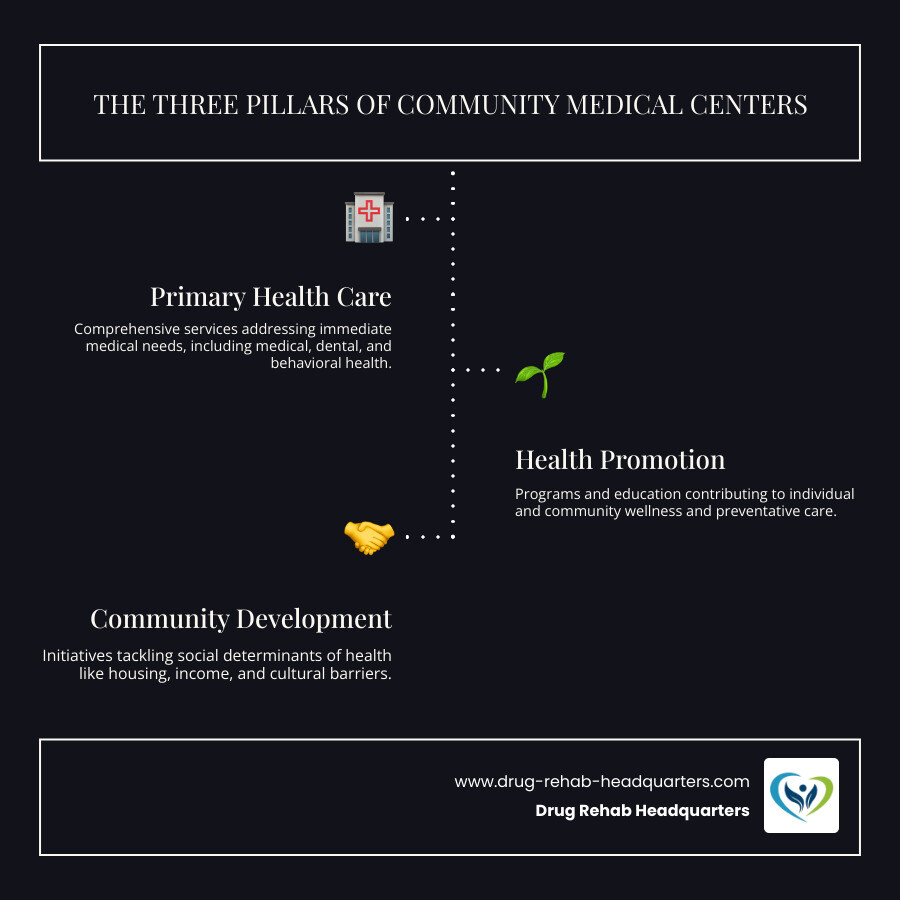 Infographic showing the three pillars of community medical centers: comprehensive primary health care services addressing immediate medical needs, health promotion programs contributing to individual and community wellness, and community development initiatives tackling social determinants of health like housing, income, and cultural barriers - community medical center near me infographic infographic-line-3-steps-dark