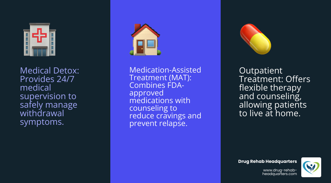 infographic showing three levels of addiction care: Medical Detox (24/7 medical supervision to safely manage withdrawal symptoms), Outpatient Treatment (flexible therapy and counseling while living at home), and Medication-Assisted Treatment or MAT (FDA-approved medications like methadone or Suboxone combined with counseling to reduce cravings and prevent relapse) - central florida treatment centers infographic 3_facts_emoji_blue