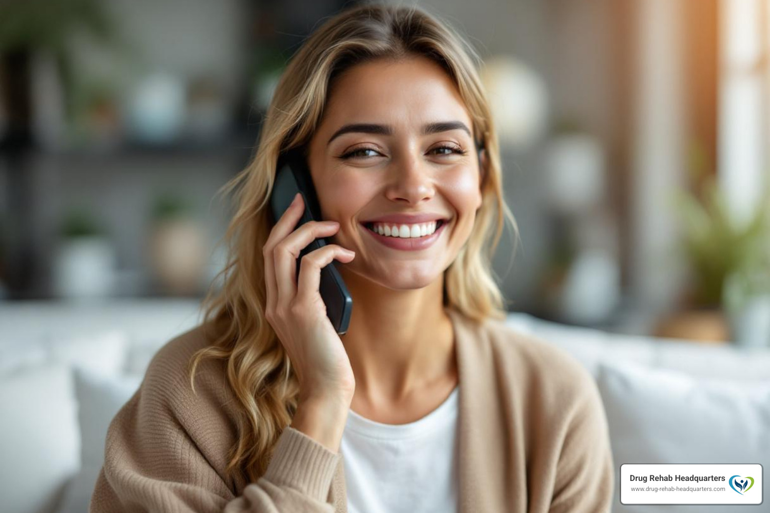 person on the phone, looking relieved and hopeful - drug detox fort pierce